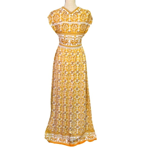 Loveriche Yellow Multi-Color Baroque V-Neckline Front Slit Maxi Dress,Small - Picture 2 of 15